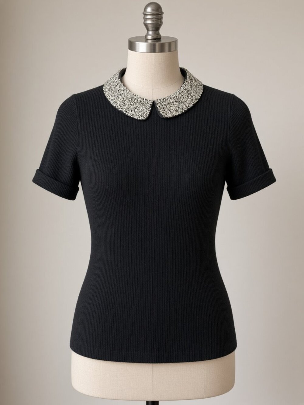 ELLE Women's Black Short-Sleeve Knit Embellished Collared Swing Sweater